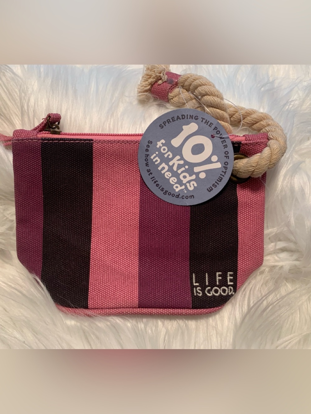 LIFE IS GOOD pink /purple striped zip close  canvas accessory pouch NWT